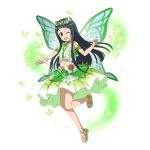  1girl ;d armlet black_eyes black_hair bracelet butterfly butterfly_wings collarbone crop_top full_body green_skirt green_wings head_wreath highres hime_cut jewelry long_hair midriff navel necklace one_eye_closed open_mouth skirt sleeveless smile solo stomach sword_art_online transparent_background very_long_hair wings yui_(sao) 