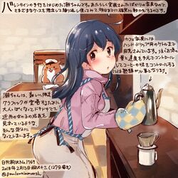  1girl alternate_costume animal apron black_hair brown_eyes colored_pencil_(medium) commentary_request dated hair_between_eyes hamster holding kantai_collection kirisawa_juuzou long_hair long_sleeves non-human_admiral_(kantai_collection) numbered open_mouth traditional_media translation_request twitter_username ushio_(kantai_collection) 