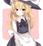  1girl :o apron blonde_hair blush collared_shirt hat highres kirisame_marisa long_hair long_sleeves looking_at_viewer rbtt shirt skirt skirt_set solo touhou tsurime vest waist_apron wavy_hair witch_hat yellow_eyes 