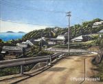  artist_name blue_sky colored_pencil_(medium) commentary_request crack dated day hayashi_ryouta horizon house no_humans ocean outdoors plant power_lines railing road scenery signature sky still_life street traditional_media water 