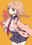  1girl black_skirt blonde_hair breasts brown_eyes closed_mouth copyright_name cowboy_shot finger_on_trigger gun hair_ornament hairclip heart_hair_ornament highres holding holding_gun holding_weapon jacket large_breasts looking_at_viewer mochizuki_kei narusawa_ryouka necktie occultic;nine open_clothes open_jacket plaid plaid_skirt pleated_skirt school_uniform short_hair skirt solo striped striped_necktie weapon 