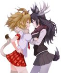  2girls :q animal_ears antlers black_hair blonde_hair breast_press breasts crossed_arms eye_contact forehead-to-forehead fur_collar grey_legwear hair_between_eyes hands_on_hips kemono_friends large_breasts lion_(kemono_friends) lion_ears lion_tail long_hair long_sleeves looking_at_another mirai_denki moose_(kemono_friends) moose_ears moose_tail multiple_girls necktie orange_eyes pantyhose plaid plaid_necktie plaid_skirt pleated_skirt red_necktie red_skirt short_sleeves simple_background skirt smile symmetrical_docking tail thigh-highs tongue tongue_out violet_eyes white_background white_legwear 