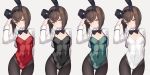  1girl animal_ears arm_behind_back ass_visible_through_thighs black_legwear black_leotard bow bowtie breasts brown_eyes brown_hair bunnysuit cowboy_shot cropped_jacket dated detached_collar fake_animal_ears green_leotard hairband hand_on_headwear head_tilt highres kantai_collection leotard looking_at_viewer multiple_outfits pantyhose parted_lips rabbit_ears red_leotard rokuwata_tomoe short_hair simple_background small_breasts taihou_(kantai_collection) white_background 
