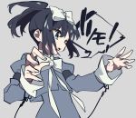  black_hair blue_eyes copyright_request grey_background hands_up highres juliet_sleeves long_sleeves mochizuki_kei open_mouth ponytail puffy_sleeves sidelocks simple_background solo speech_bubble 
