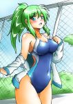  1girl absurdres alternate_hairstyle aqua_eyes blush breasts cleavage competition_swimsuit covered_navel d-m_(dii_emu) frog_hair_ornament grass green_hair hair_ornament hair_tubes highres jacket kochiya_sanae long_hair long_skirt looking_at_viewer medium_breasts one-piece_swimsuit open_mouth ponytail skirt snake_hair_ornament solo standing swimsuit touhou 