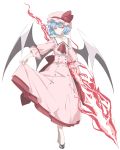  1girl adapted_costume bat_wings blue_hair dress hat holding_dress looking_at_viewer mary_janes mob_cap neckerchief pink_dress red_eyes remilia_scarlet sakuraba_yuuki shoes short_hair slit_pupils smile solo spear_the_gungnir touhou white_background wings 
