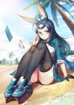  1girl 2017 absurdres ahoge anchor animal_ears aqua_eyes arm_at_side arm_support beach bilan_hangxian black_hair black_legwear blue_eyes blue_hair blue_sky brown_panties clouds cloudy_sky colored_eyelashes commentary_request dated day dress eyebrows_visible_through_hair eyelashes fingernails glasses gloves green_skirt hand_on_glasses high_collar highres knees_up lens_flare long_fingernails long_hair looking_at_viewer mountain open_mouth outdoors palm_tree panties pantyshot pantyshot_(sitting) partly_fingerless_gloves platform_footwear platform_heels pleated_skirt rabbit_ears rimless_glasses sand signature sitting skirt skirt_set sky smile solo souryuu_(bilan_hangxian) thigh-highs tree underwear water x-boy 