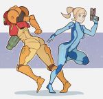  1girl ass blonde_hair blue_bodysuit blue_eyes bodysuit breasts cannon dual_persona full_body gun highres metroid mole mole_under_mouth ponytail samus_aran shiny shiny_clothes skin_tight smile splashbrush varia_suit weapon zero_suit 