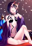  1girl bangs blue_eyes blunt_bangs blush bob_cut breasts collar eyebrows_visible_through_hair fangs fate/grand_order fate_(series) food fruit grapes heart highres horns kasappi looking_at_viewer navel oni oni_horns open_mouth petals purple_hair short_hair shuten_douji_(fate/grand_order) sitting small_breasts smile solo 