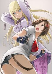  2girls angry artist_name ass blonde_hair blue_eyes breasts brown_eyes brown_hair cleavage fingerless_gloves floral_print frills gloves kazama_asuka large_breasts lili_(tekken) long_hair multiple_girls pantyhose short_hair skirt smile tea_(nakenashi) tekken tekken_7 