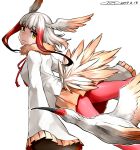  1girl bangs bird_tail blunt_bangs empty_eyes flying_sweatdrops gloves happa_(cloverppd) head_wings japanese_crested_ibis japanese_crested_ibis_(kemono_friends) kemono_friends long_hair long_sleeves multicolored_hair pantyhose pleated_skirt red_legwear redhead shirt simple_background skirt sleeves_past_wrists tail two-tone_hair white_background white_hair yellow_eyes 
