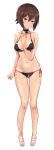  1girl absurdres arm_at_side bangs bare_arms bare_legs bare_shoulders between_breasts bikini black_bikini black_choker blush breasts brown_eyes brown_hair closed_mouth collarbone emblem expressionless eyebrows_visible_through_hair full_body girls_und_panzer hand_between_breasts hand_on_own_chest highres kuromorimine_(emblem) looking_at_viewer medium_breasts navel nishizumi_maho no_legwear open_toe_shoes red_ribbon ribbon shoes short_hair side-tie_bikini simple_background solo standing stomach swimsuit tsurime wa_(genryusui) white_background white_shoes 