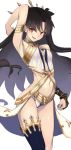  1girl affiliation arched_back arm_behind_head arm_up armlet armpits bare_shoulders black_gloves black_hair black_legwear breasts bridal_gauntlets choker eyebrows_visible_through_hair fate/grand_order fate_(series) fingerless_gloves flipped_hair gloves hair_ornament ishtar_(fate/grand_order) long_hair looking_at_viewer midriff navel panties red_eyes single_glove single_thighhigh small_breasts smile solo thigh-highs tohsaka_rin underwear very_long_hair white_panties 