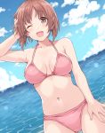 1girl arm_up bangs bikini blush breasts brown_hair clouds collarbone commentary_request day dutch_angle eyebrows_visible_through_hair girls_und_panzer hand_on_own_head hand_on_own_leg hasu_(hk_works) looking_at_viewer medium_breasts navel nishizumi_miho one_eye_closed open_mouth outdoors parted_bangs pink_bikini shiny shiny_skin short_hair sky solo standing swimsuit water 