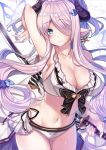  1girl arm_up bad_arm bikini blue_eyes blush breasts butterfly_earrings cleavage closed_mouth collarbone cowboy_shot doraf earrings error granblue_fantasy hair_over_one_eye holding holding_sword holding_weapon horns jewelry katana kurata_muto large_breasts looking_at_viewer narumeia_(granblue_fantasy) pointy_ears purple_hair smile solo swimsuit sword weapon white_bikini 