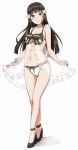  1girl ankle_strap babydoll bangs bare_legs black_hair black_shoes blunt_bangs blush bow breasts cleavage commentary_request eyebrows_visible_through_hair flower frills full_body green_eyes hair_flower hair_ornament high_heels highres kurosawa_dia long_hair looking_at_viewer love_live! love_live!_sunshine!! medium_breasts mole mole_under_mouth navel panties ribbon see-through shoes simple_background smile solo standing striped striped_bow thigh_gap underwear white_background white_ribbon wrist_ribbon yopparai_oni 
