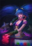  1girl alternate_costume arcade_sona artist_name bare_shoulders blue_background blue_eyes blue_hair blue_nails breasts cleavage dark_background earrings finger_to_mouth fingerless_gloves fingernails gloves gradient_hair hair_ornament highres instrument jewelry keyboard_(instrument) large_breasts league_of_legends light_particles long_fingernails long_hair looking_at_viewer multicolored_hair music nail_polish navel necklace parted_lips playing_instrument signature smile solo sona_buvelle star tmiracle twintails upper_body very_long_hair 