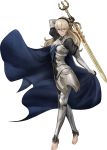  1girl armor barefoot cape female_my_unit_(fire_emblem_if) fire_emblem fire_emblem_if fire_emblem_musou full_body hair_ornament hairband highres long_hair looking_at_viewer my_unit_(fire_emblem_if) official_art pointy_ears red_eyes silver_hair solo sword transparent_background weapon 