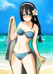  1girl aqua_bikini beach bikini black_hair braid cowboy_shot day glasses h_(hhhhhh4649) hairband kantai_collection long_hair ooyodo_(kantai_collection) outdoors plaid plaid_bikini smile solo standing strapless strapless_bikini swimsuit towel 