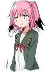  1girl :&gt; =3 artist_name blush_stickers collarbone commentary_request green_jacket hair_between_eyes jacket kantai_collection kunashiri_(kantai_collection) long_sleeves looking_at_viewer moti_coi neck_ribbon orange_eyes pink_hair red_ribbon ribbon shirt short_hair smile smug solo standing tsurime two_side_up white_shirt 