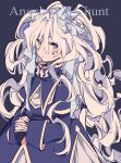  1girl angel_hunt blonde_hair closed_mouth copyright_name highres interlocked_fingers long_hair looking_at_viewer mochizuki_kei own_hands_together solo wavy_hair yellow_eyes 