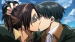  1boy 1girl black_hair brown_hair clouds cloudy_sky day glasses hair_grab hange_zoe kiss levi_(shingeki_no_kyojin) long_hair mocco outdoors shingeki_no_kyojin sky 