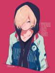  &gt;:( 1boy collarbone copyright_name frown hair_over_one_eye highres hood hood_up hoodie jacket looking_at_viewer male_focus mochizuki_kei open_clothes open_jacket red_background simple_background solo twitter_username upper_body yuri!!!_on_ice yuri_plisetsky 