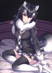  1girl animal_ears bed black_hair blue_eyes breast_pocket breasts dated fur_collar gloves gradient_legwear grey_wolf_(kemono_friends) heterochromia highres kemono_friends long_hair long_sleeves looking_at_viewer medium_breasts multicolored_hair necktie on_bed pocket signature sitting sitting_on_bed skirt smile solo tail two-tone_hair wolf_ears wolf_tail yellow_eyes zerg309 