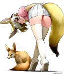  1girl animal_ears bent_over blonde_hair bow bowtie brown_eyes fennec_(kemono_friends) fennec_fox fox_ears fox_tail full_body fur_trim happa_(cloverppd) kemono_friends looking_at_viewer pleated_skirt short_hair simple_background skirt smile standing tail thigh-highs tiptoes white_background white_legwear white_skirt zettai_ryouiki 