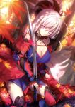  &gt;:) ahoge arm_support autumn autumn_leaves black_legwear breasts bright_pupils cleavage detached_collar detached_sleeves dutch_angle eyebrows_visible_through_hair fate/grand_order fate_(series) glowing glowing_weapon halterneck highres japanese_clothes katana kimono large_breasts lavender_eyes leaf light_brown_hair maple_leaf miyamoto_musashi_(fate/grand_order) obi outdoors over_shoulder ponytail sash sheath shinooji short_kimono sitting sleeveless sleeveless_kimono smile sword thigh-highs tied_hair vambraces weapon weapon_over_shoulder white_pupils 