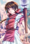  1boy blurry brown_eyes brown_hair depth_of_field fire headband japanese_clothes long_hair male_focus polearm ponytail sanada_yukimura_(sengoku_basara) sengoku_basara solo tsukasaki_ryouko weapon younger 