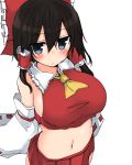  1girl ascot bangs black_hair blue_eyes blush bow breasts closed_mouth commentary_request cowboy_shot detached_sleeves eyebrows_visible_through_hair golgi_hon hair_between_eyes hair_bow hair_tubes hakurei_reimu highres jitome large_breasts looking_at_viewer midriff navel red_bow ribbon-trimmed_sleeves ribbon_trim sideboob sidelocks simple_background solo stomach touhou white_background 