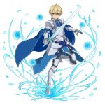 1boy armor armored_boots black_pants blonde_hair blue_cape blue_eyes blue_flower boots cape eugeo full_armor full_body gauntlets hair_between_eyes holding holding_sword holding_weapon looking_at_viewer one_eye_closed pants solo spaulders standing standing_on_one_leg sword sword_art_online transparent_background weapon 