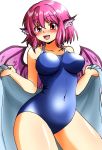  1girl absurdres animal_ears bare_shoulders bird_wings blue_swimsuit blush breasts competition_school_swimsuit competition_swimsuit covered_navel d-m_(dii_emu) highres looking_at_viewer medium_breasts mystia_lorelei one-piece_swimsuit open_mouth pink_hair red_eyes short_hair smile solo standing swimsuit touhou towel white_background wings 