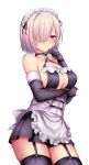 1girl alternate_costume apron bare_shoulders black_gloves black_ribbon blush breast_hold breasts cleavage cowboy_shot elbow_gloves enmaided fate/grand_order fate_(series) garter_straps gloves hair_over_one_eye highres large_breasts looking_at_viewer maid maid_headdress miniskirt purple_hair ribbon shielder_(fate/grand_order) shiodome_oji short_hair simple_background skirt solo thigh-highs violet_eyes white_background