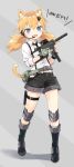  :3 animal_ears blonde_hair blue_eyes cat_ears cat_tail girls_frontline gun hair_ornament hairclip highres idw_(girls_frontline) kisetsu looking_at_viewer shorts solo submachine_gun tail weapon 