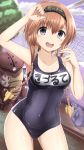  1girl :d absurdres acguy bare_arms bare_legs bare_shoulders blue_eyes braid brown_hair cat collarbone gundam hair_between_eyes hair_ornament headband highres kanji kantai_collection long_hair masa_masa name_tag open_mouth propeller_hair_ornament school_swimsuit smile solo swimsuit teeth teruzuki_(kantai_collection) thighs twin_braids 