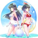  2girls ball beachball bikini black_hair bob_cut breasts cleavage clouds cloudy_sky feathers flower green_eyes hair_flower hair_ornament iesupa innertube jewelry long_hair looking_at_viewer medium_breasts melanie_malachite miltiades_malachite multiple_girls navel necklace panties red_bikini red_panties rwby short_hair siblings side-tie_panties sisters sky sparkle standing swimsuit transparent twins underwear water white_bikini white_panties wristband 