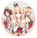  &gt;:o 2016 3girls :o ahoge bangs bare_shoulders blonde_hair blue_eyes blush bow bowtie braid breasts brown_hair chain_necklace chains cleavage closed_mouth cross-laced_clothes crown dated detached_sleeves dog_tags eyebrows eyebrows_visible_through_hair flower front-tie_top hair_between_eyes hair_bun hairband hand_on_own_chin headgear iowa_(kantai_collection) japanese_clothes jewelry kantai_collection kongou_(kantai_collection) large_breasts long_hair looking_at_viewer mini_crown multiple_girls necklace off_shoulder red_bow red_bowtie red_ribbon red_rose revision ribbon ribbon-trimmed_sleeves ribbon_trim rose shibi shiny shiny_skin signature smile star star-shaped_pupils sweatdrop symbol-shaped_pupils upper_body violet_eyes warspite_(kantai_collection) white_background 