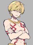  bangs blonde_hair crossed_arms earrings fate/stay_night fate_(series) gilgamesh grey_background highres jewelry lock looking_at_viewer male_focus mochizuki_kei necklace parted_lips red_eyes simple_background solo 