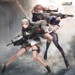  2girls black_gloves black_legwear black_shoes black_shorts blue_eyes brown_hair character_request fingerless_gloves girls_frontline gloves gun holding holding_gun holding_weapon john_law_bc kneehighs long_hair low-tied_long_hair mismatched_legwear multiple_girls one_eye_closed rifle shell_casing shoes shorts sneakers sniper_rifle spread_legs standing tagme thigh-highs thigh_strap trigger_discipline weapon yellow_eyes 