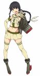  1girl :d adapted_costume akitetsu alternate_breast_size black_eyes black_hair braid cosplay elbow_gloves flat_chest gloves groin hand_on_hip highres hime_cut kantai_collection kitakami_(kantai_collection) long_hair looking_at_viewer midriff navel open_mouth pointing pointing_at_viewer shimakaze_(kantai_collection) shimakaze_(kantai_collection)_(cosplay) sidelocks smile solo thigh-highs 