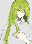  androgynous bangs blue_eyes closed_mouth enkidu_(fate/strange_fake) fate/strange_fake fate_(series) green_hair grey_background highres long_hair looking_at_viewer mochizuki_kei simple_background solo 