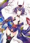  1girl :d alcohol bare_shoulders blue_eyes breasts collarbone cowboy_shot dutch_angle fate/grand_order fate_(series) gourd horns japanese_clothes kinokohime medium_hair obi open_mouth purple_hair revealing_clothes sake sash shuten_douji_(fate/grand_order) small_breasts smile solo standing sword thigh-highs thigh_gap weapon wide_sleeves 