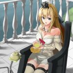  1girl blonde_hair blue_eyes braid breasts crown dress drink french_braid hair_between_eyes highres jewelry kantai_collection kuronaga long_hair long_sleeves medium_breasts mini_crown necklace off-shoulder_dress off_shoulder open_mouth sitting smile solo thigh-highs warspite_(kantai_collection) white_dress white_legwear 