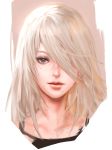  1girl closed_mouth grey_eyes hair_over_one_eye highres jang_ju_hyeon lips long_hair looking_at_viewer mole mole_under_mouth nier_(series) nier_automata simple_background solo white_background white_hair yorha_type_a_no._2 
