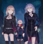  3girls ahoge belt black_dress blonde_hair breasts cleavage clenched_hand coat commentary dark_persona dress drinking excalibur food fur_trim glasses grey_hair hamburger hand_on_hip heroine_x heroine_x_(alter) hood hooded_jacket jacket jeanne_alter jewelry looking_at_another multiple_girls night red_scarf ruler_(fate/apocrypha) saber saber_alter scarf school_uniform semi-rimless_glasses shorts thigh-highs urayamashiro_(artist) yellow_eyes 