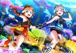  2girls artist_request bangs bare_shoulders blue_eyes brown_hair character_name dress flower gloves hand_holding headset kneehighs love_live! love_live!_school_idol_festival love_live!_sunshine!! multiple_girls neon_trim official_art open_mouth orange_hair red_eyes short_hair shorts sleeveless sleeveless_dress smile striped striped_legwear takami_chika watanabe_you water 