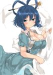  1girl bangs blue_dress blue_eyes blue_hair blush breasts cleavage closed_mouth cowboy_shot dress drill_hair eyebrows_visible_through_hair from_side golgi_hon hair_ornament hair_rings hairpin highres kaku_seiga large_breasts looking_at_viewer shawl short_sleeves side_drill simple_background smile solo touhou twin_drills white_background 