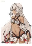  1girl altera_(fate) bandeau bangs breasts contrapposto cowboy_shot dark_skin eyebrows_visible_through_hair fate/extella fate/extra fate/grand_order fate_(series) grey_hair haoni holding holding_sword holding_weapon long_hair looking_to_the_side navel red_eyes simple_background sketch small_breasts solo sword thighs weapon white_background 